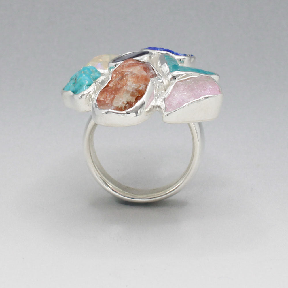 Candy - Cocktail 7 Gemstone Silver Ring - D