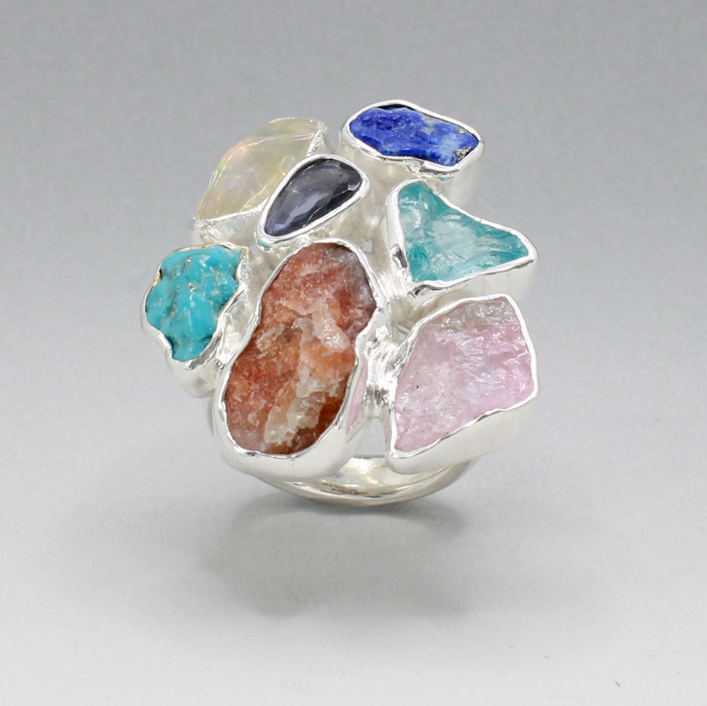 Candy - Cocktail 7 Gemstone Silver Ring - D