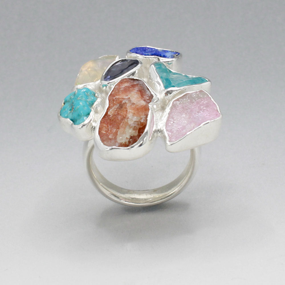 Candy - Cocktail 7 Gemstone Silver Ring - D