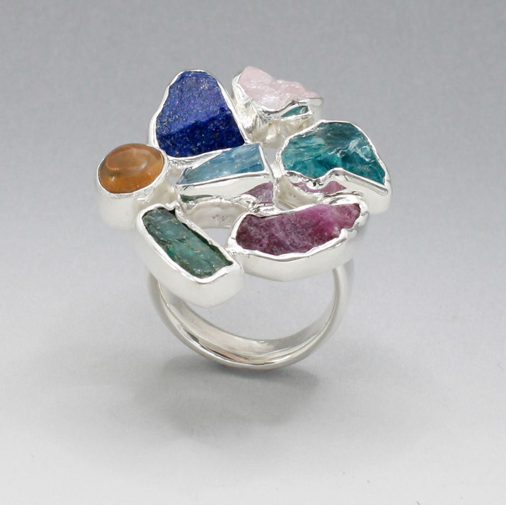 Candy - Cocktail 7 Gemstone Silver Ring - E