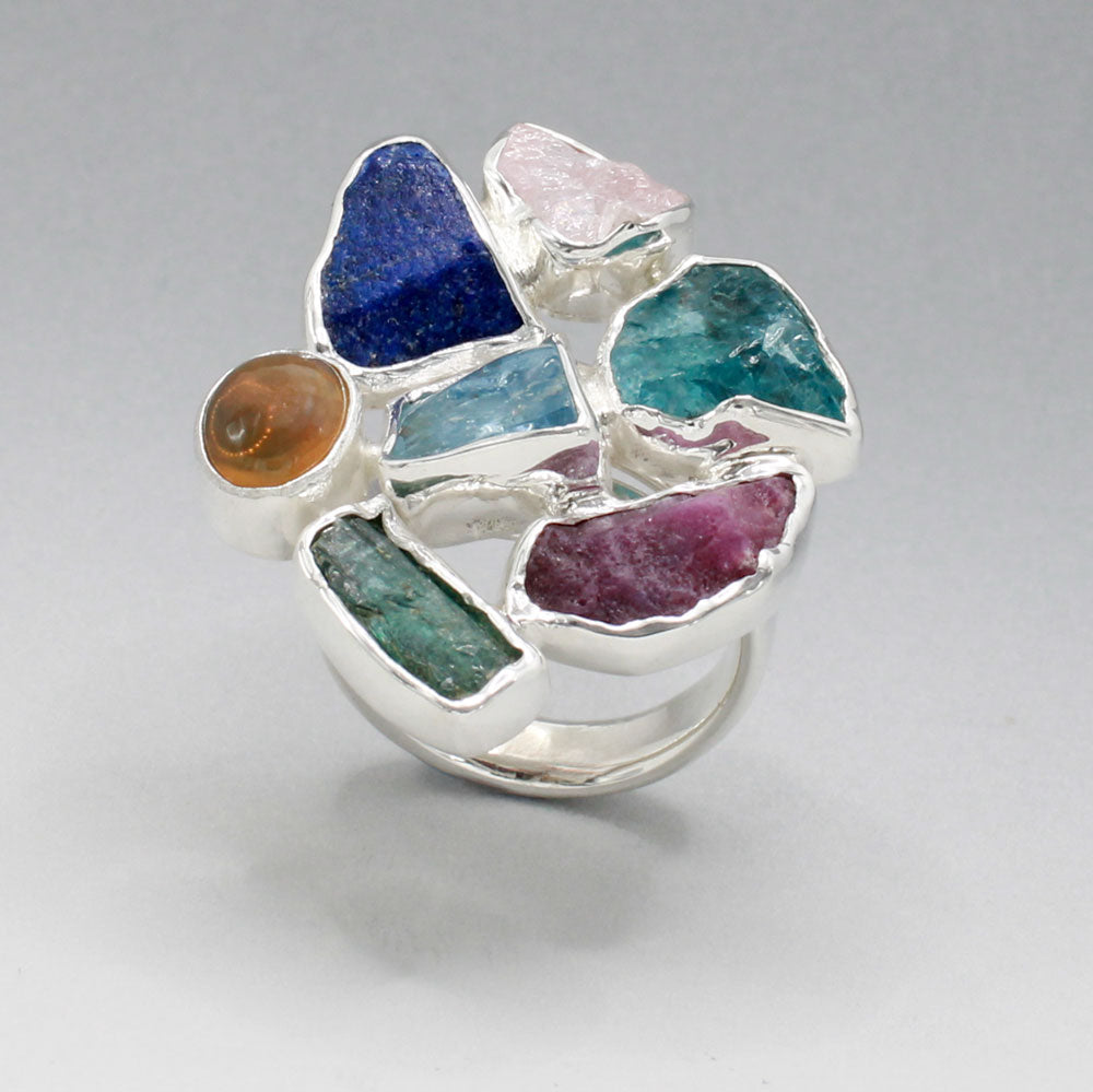 Candy - Cocktail 7 Gemstone Silver Ring - E