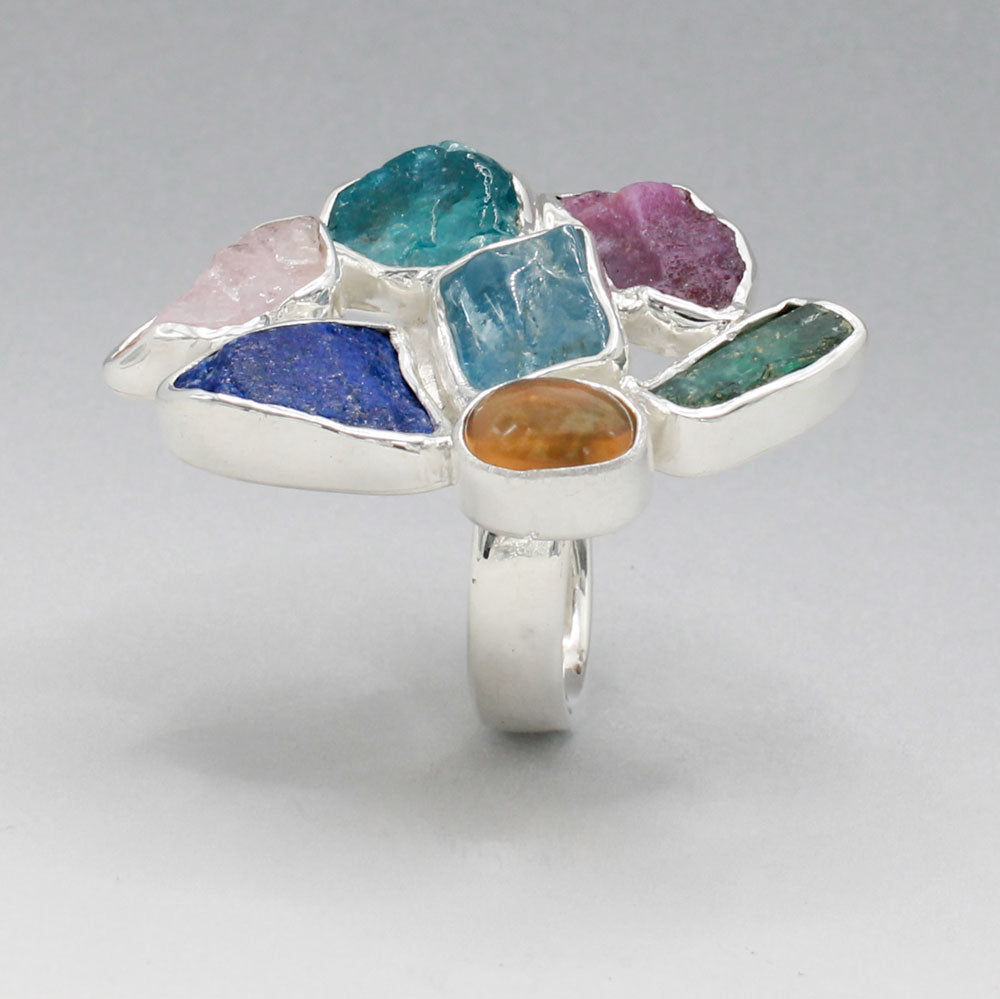 Candy - Cocktail 7 Gemstone Silver Ring - E