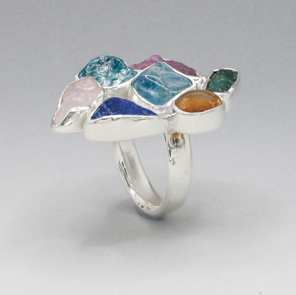 Candy - Cocktail 7 Gemstone Silver Ring - E