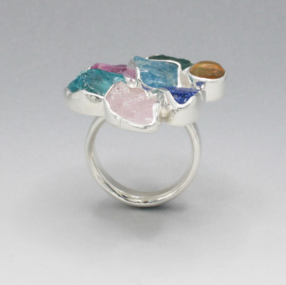 Candy - Cocktail 7 Gemstone Silver Ring - E