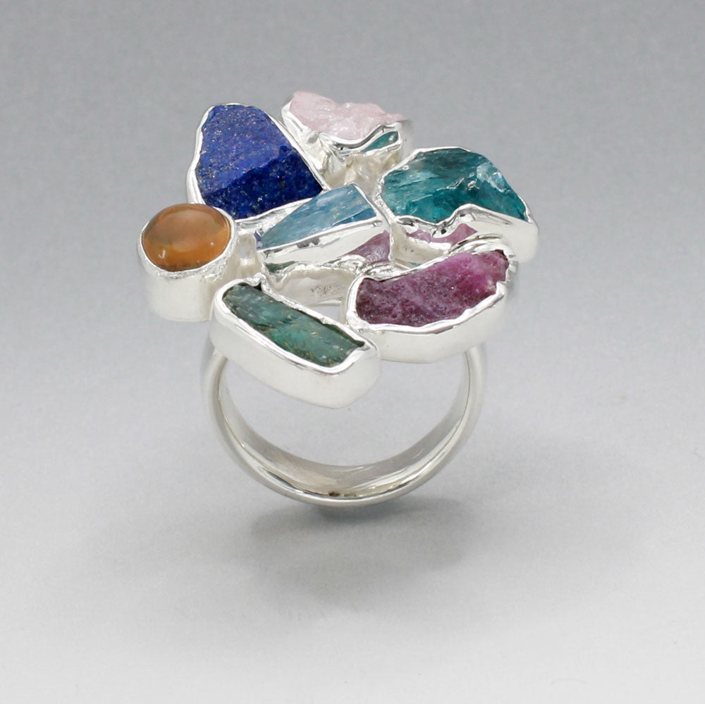 Candy - Cocktail 7 Gemstone Silver Ring - E