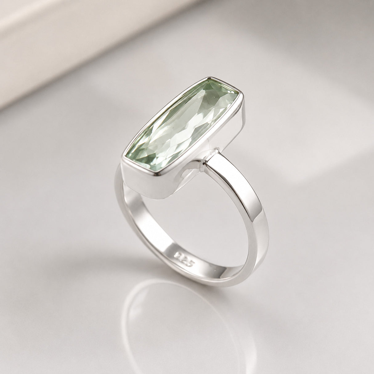 Candy Green Amethyst Faceted Tapered Baguette Silver Ring