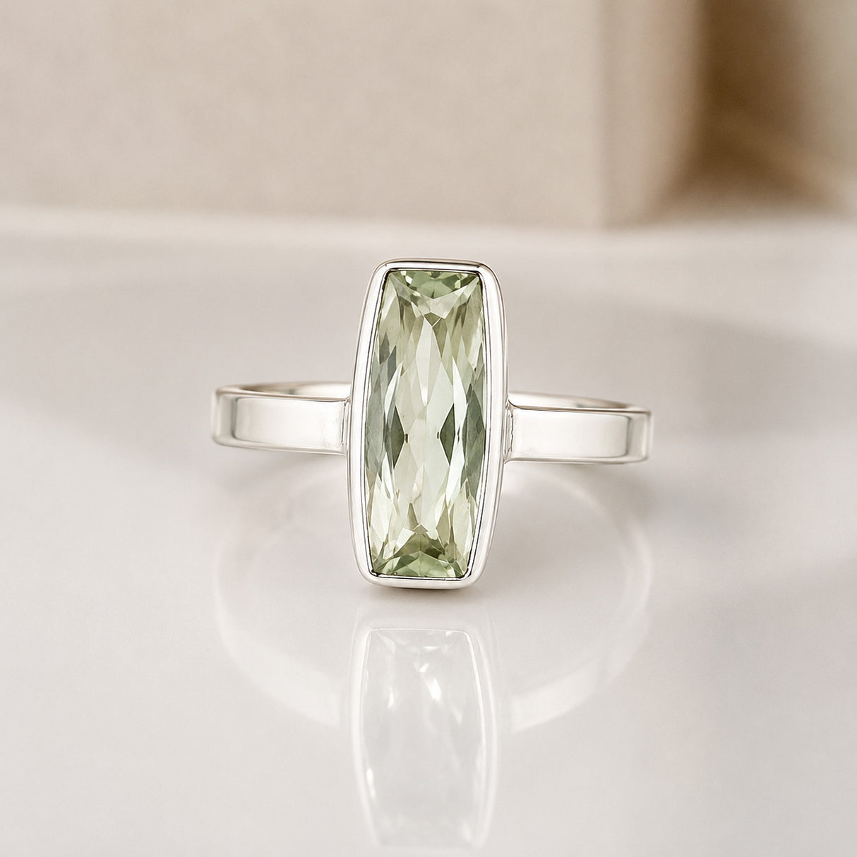 Candy Green Amethyst Faceted Tapered Baguette Silver Ring