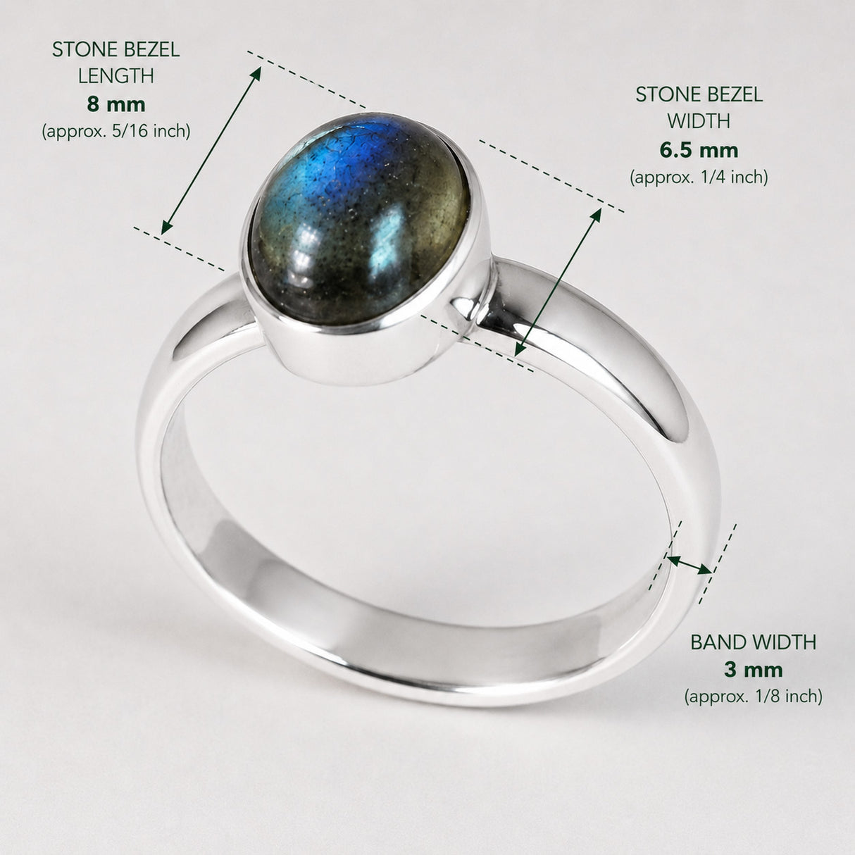 Fáinne Airgid Cabochon Labradarite Ubhchruthach Candy