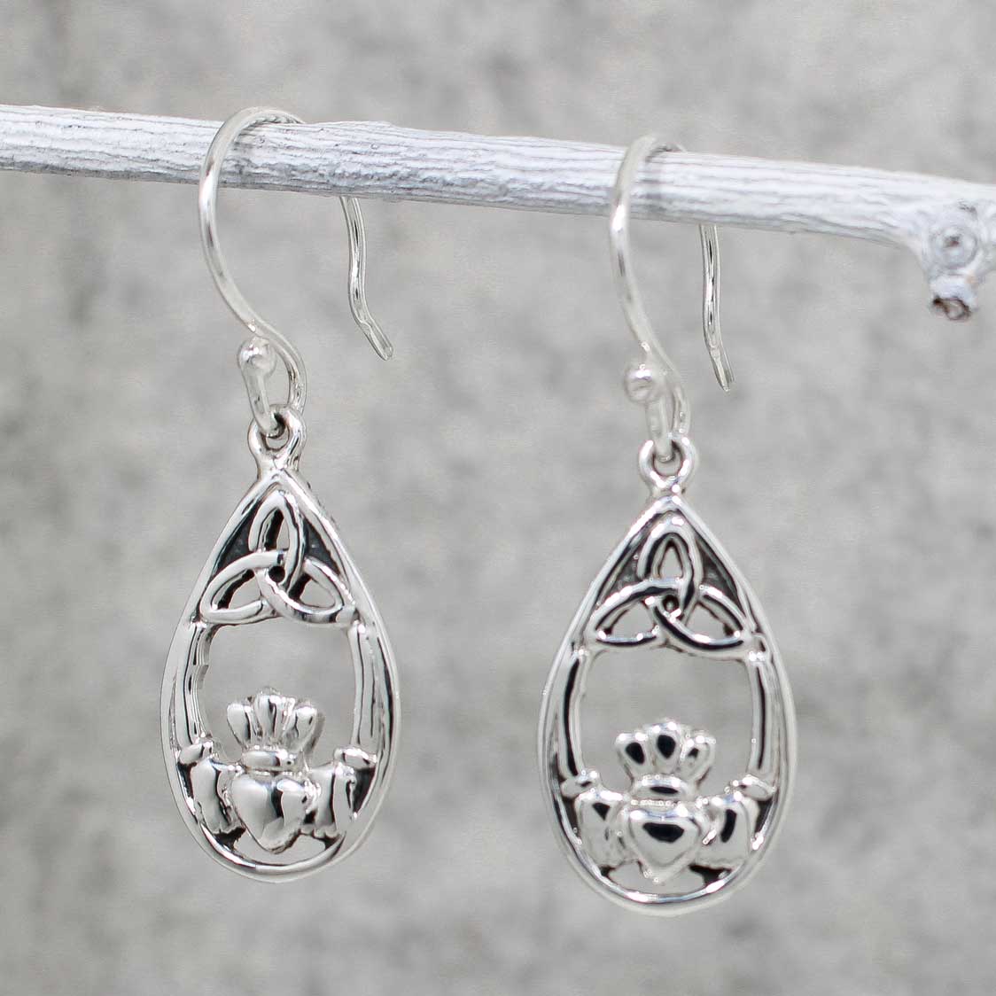 Celtic Claddagh with Trinity Drop Silver Dangle Earrings