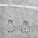 Celtic Claddagh with Trinity Drop Silver Dangle Earrings