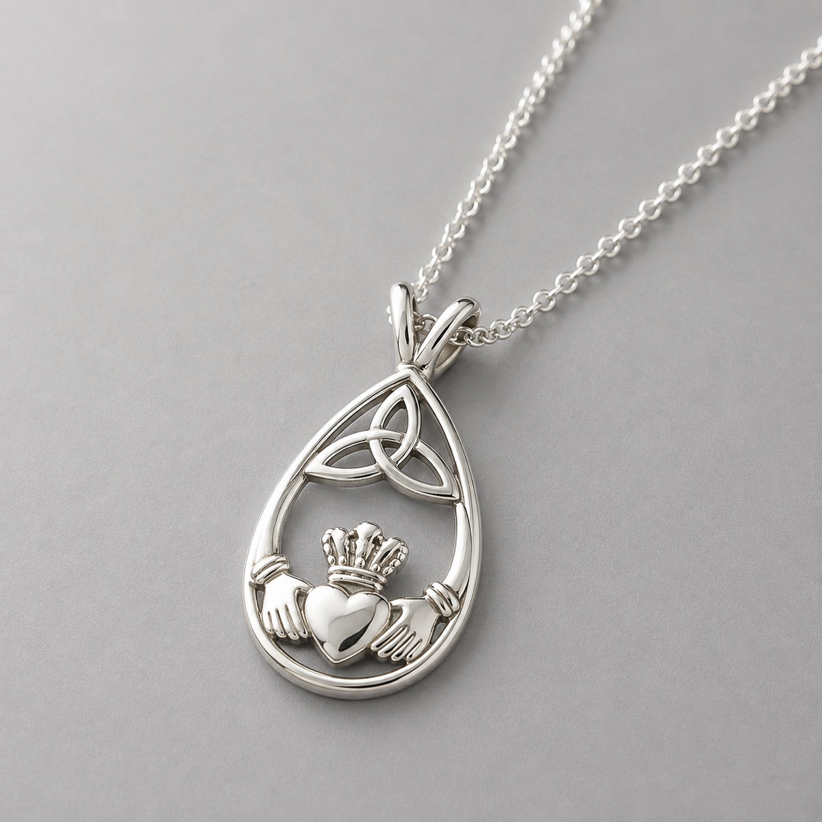Celtic Drop Featuring Claddagh with Trinity Silver Pendant