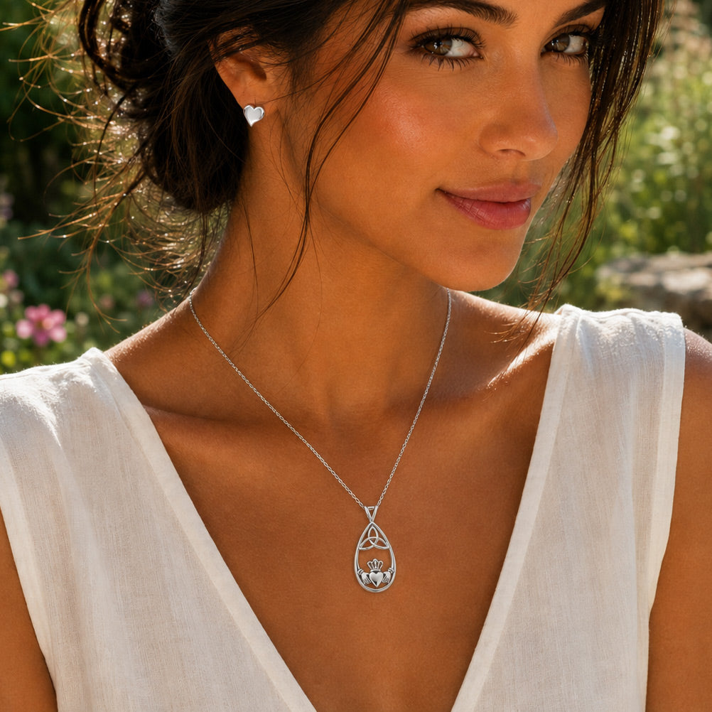 Celtic Drop Featuring Claddagh with Trinity Silver Pendant