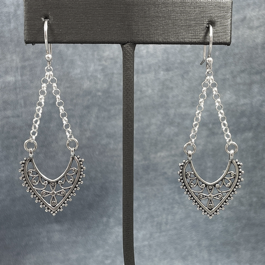 Croi - Ornate Heart on Chain Silver Earrings - Dangle