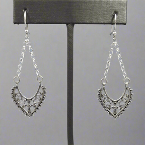 Croí Ornate Heart on Chain Silver Dangle Earrings,Ê Shop affordable, high-quality jewellery in Kinsale, West Cork, Ireland designed by Emilio Sotelo Jewelry