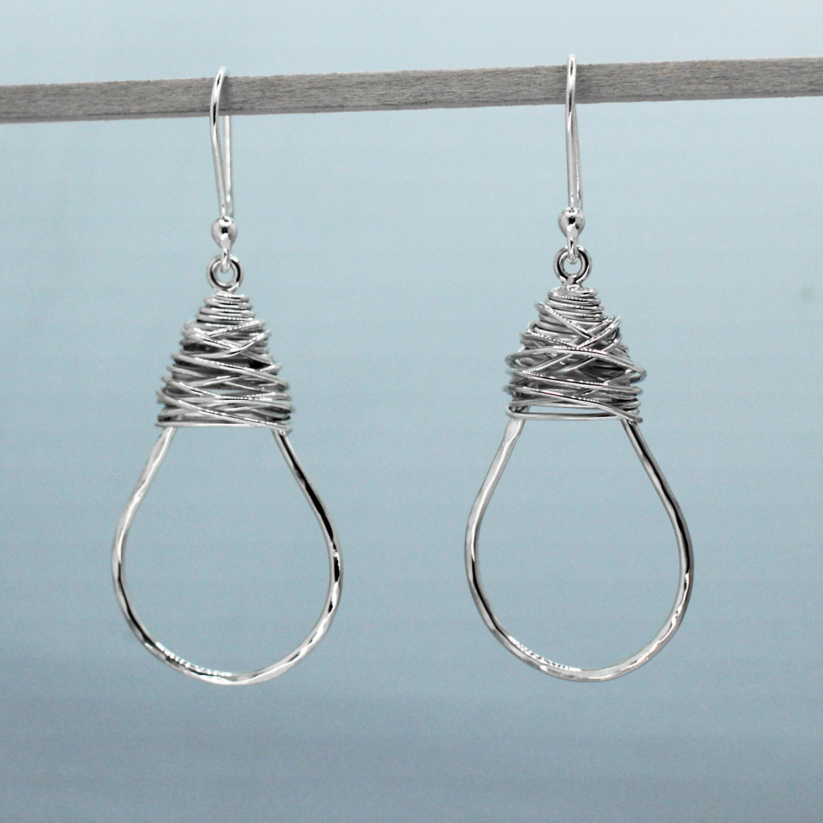 Saha - Oval & Wire Wrap Large Silver Earrings - Dangle