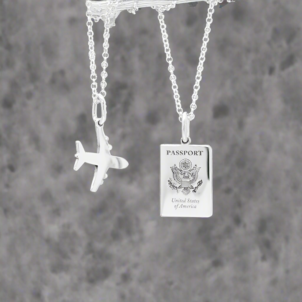 Éire - Mini US Passport Replica Silver Pendant with Airplane Charm