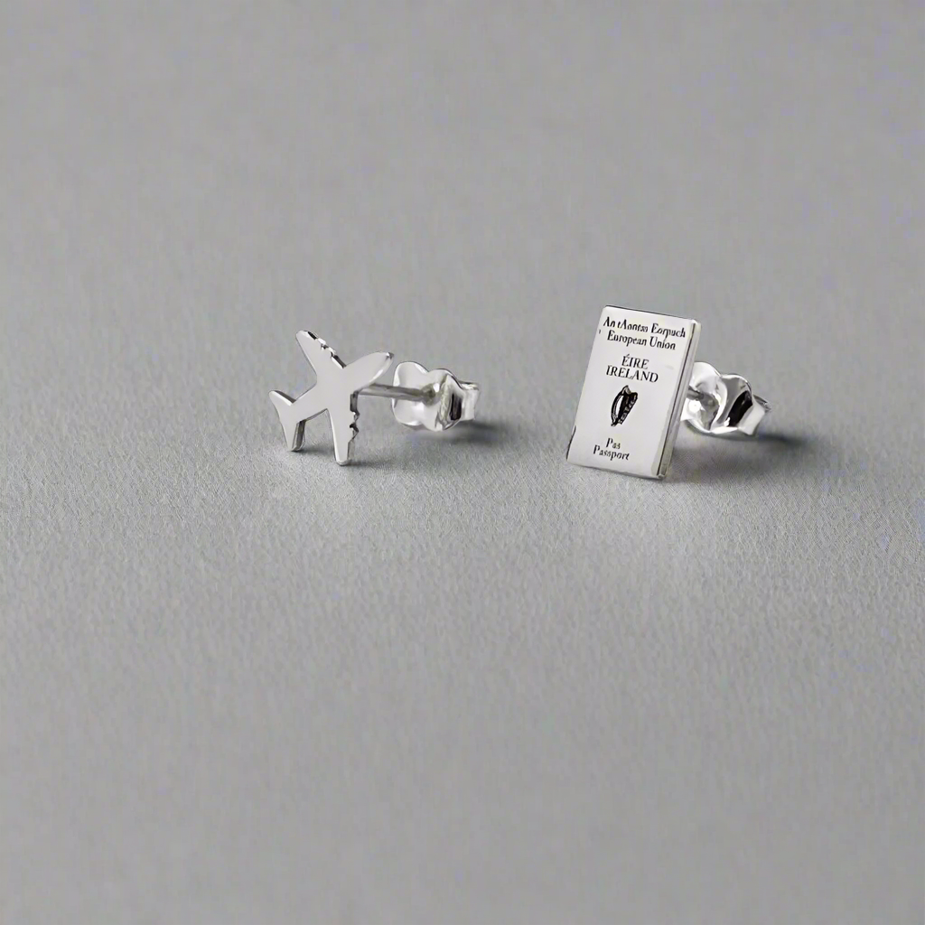 EIRE - Mini Irish Passport and Airplane Silver Stud Earrings