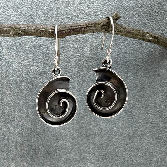 Uisce - Oxidised Spiral Silver Earrings - Dangle