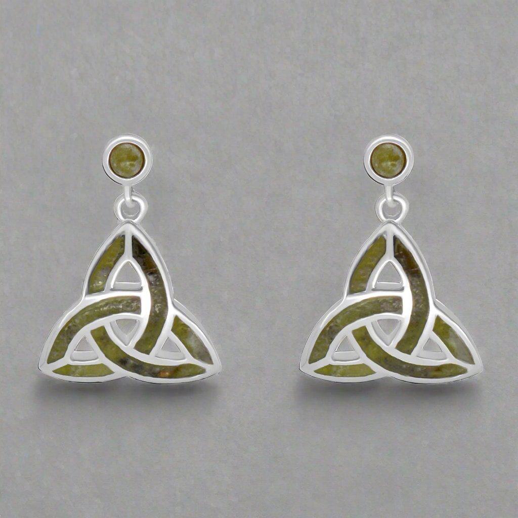 Trinity Knot Connemara Marble Silver Earrings - Stud