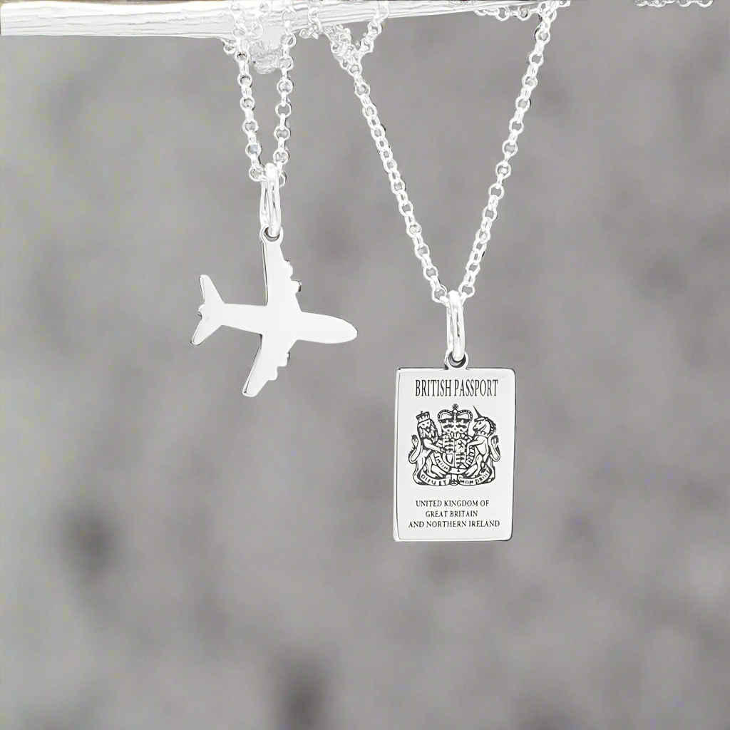 Éire - British Passport Replica Silver Pendant with Airplane Charm