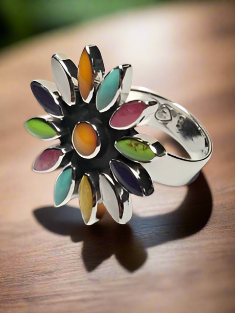 Sleveen - Daisy With Multi-Coloured Mosaic Resin Adjustable Silver Ring