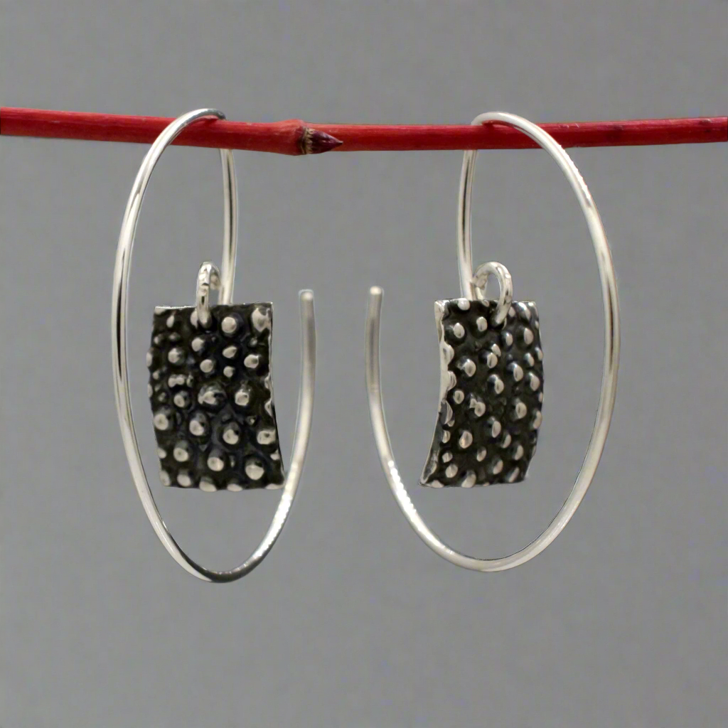 Firmament Small Rectangle Oxidised Reverse Silver Hoop Earrings