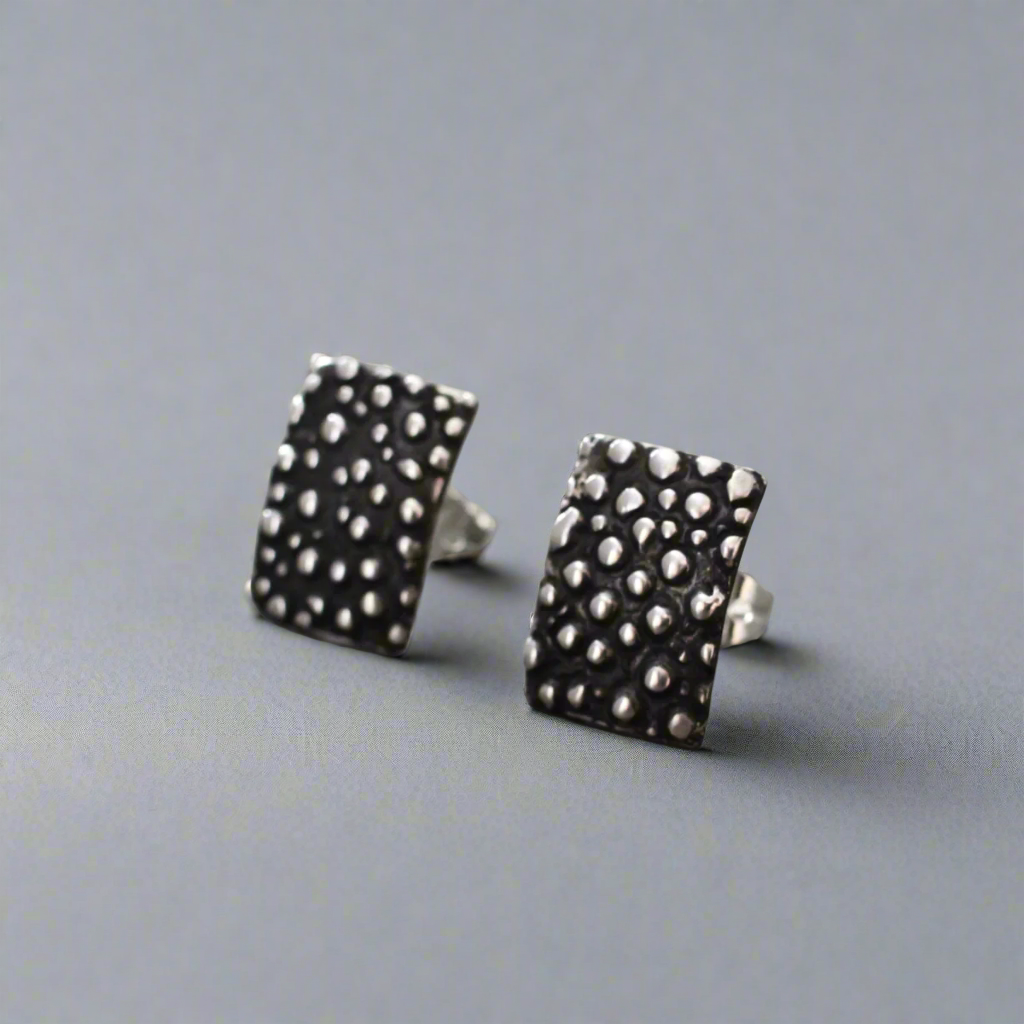 Firmament Small Rectangle Oxidised Silver Stud Earrings