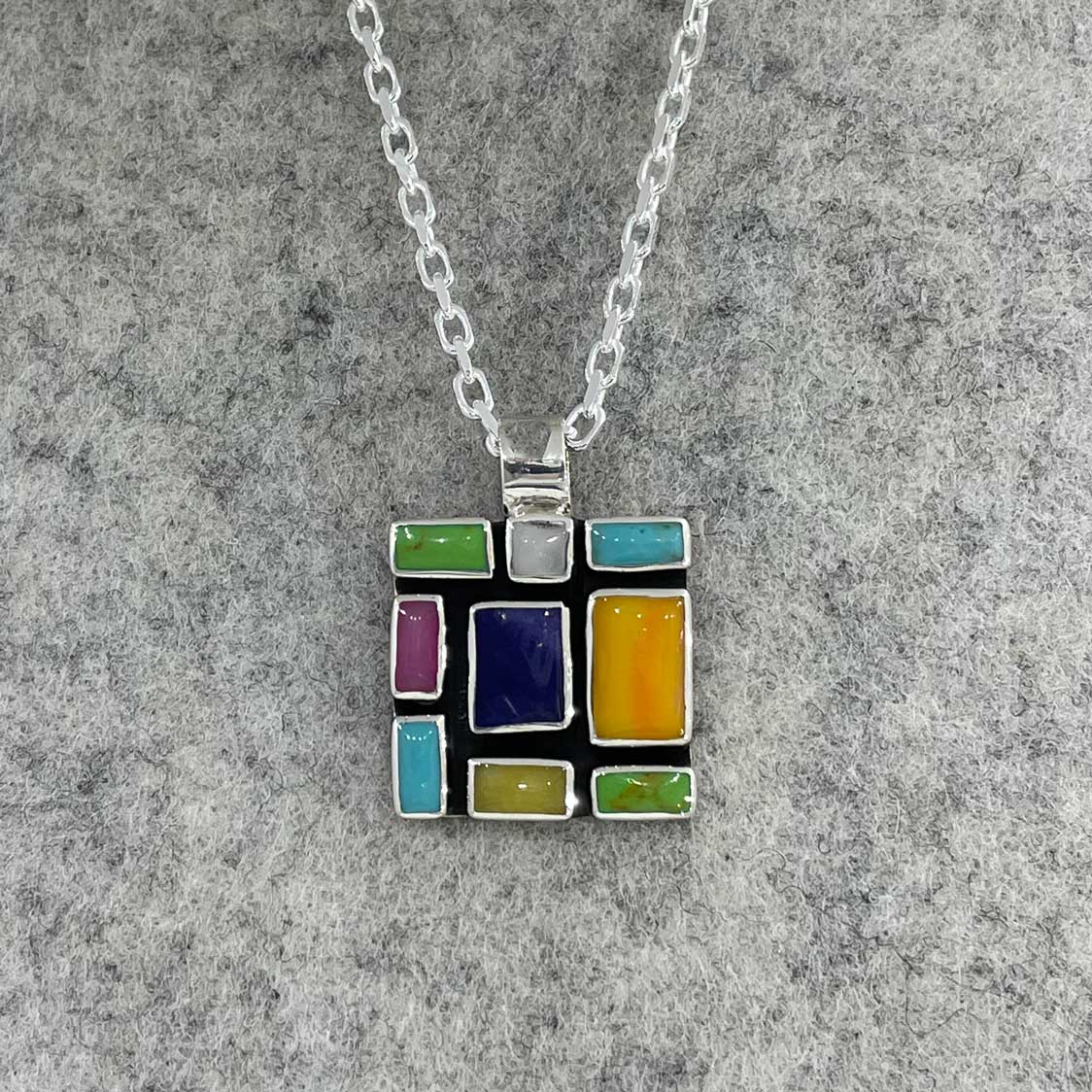 Sleveen Square with Multi-Coloured Mosaic Resin Silver Pendant