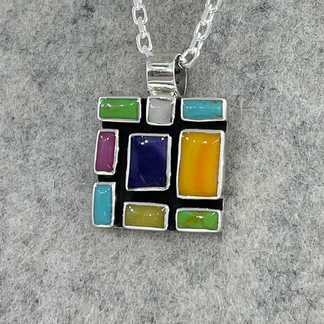 Sleveen Square with Multi-Coloured Mosaic Resin Silver Pendant