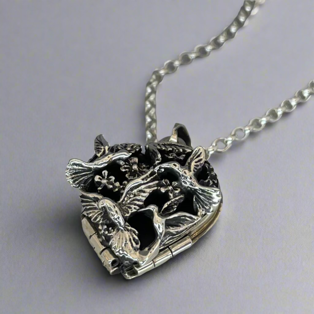 Croí - Heart Locket Silver Pendant with Hummingbirds & Flowers