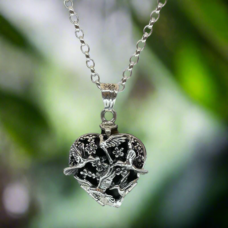 Croí - Heart Locket Silver Pendant with Hummingbirds & Flowers