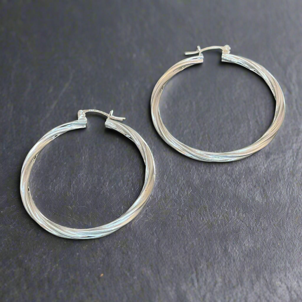 Lupita - Large Patterned Circle Hoop Silver Earrings