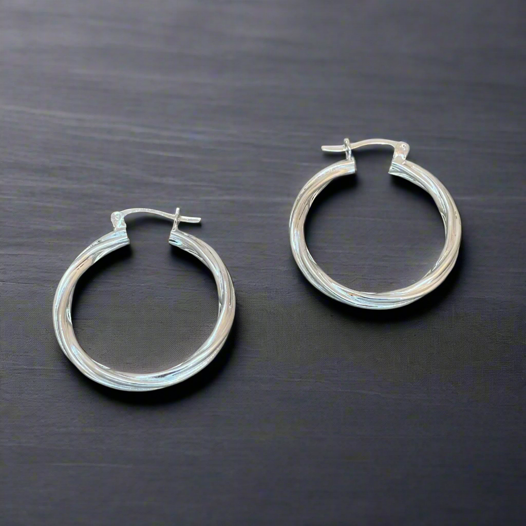 Lupita Small Twisted Patterned Silver Hinged Hoop Earrings,Ê Shop affordable, high-quality jewellery in Kinsale, West Cork, Ireland designed by