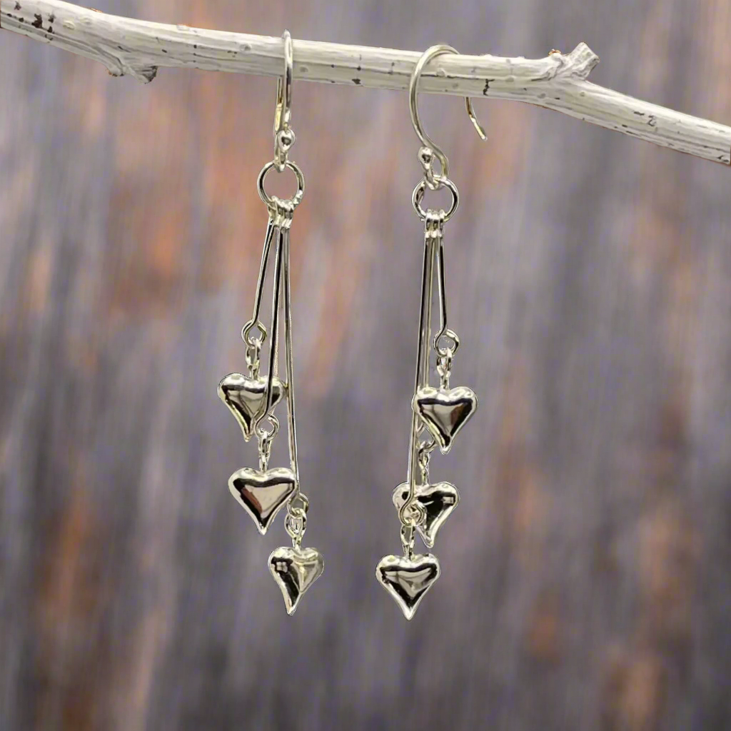 Croí - Three Heart Cascade Silver Earrings - Dangle