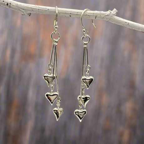 Croí - Three Heart Cascade Silver Earrings - Dangle