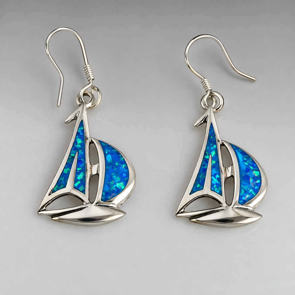Sleveen Sailboat with Blue Opalescent Resin Silver Dangle Earrings