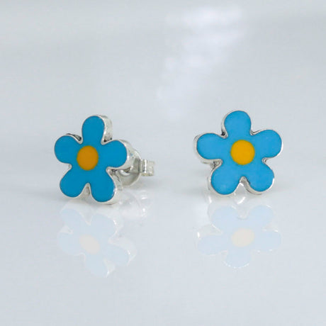 Memento Small Blue & Yellow Daisy Stud Silver Earrings