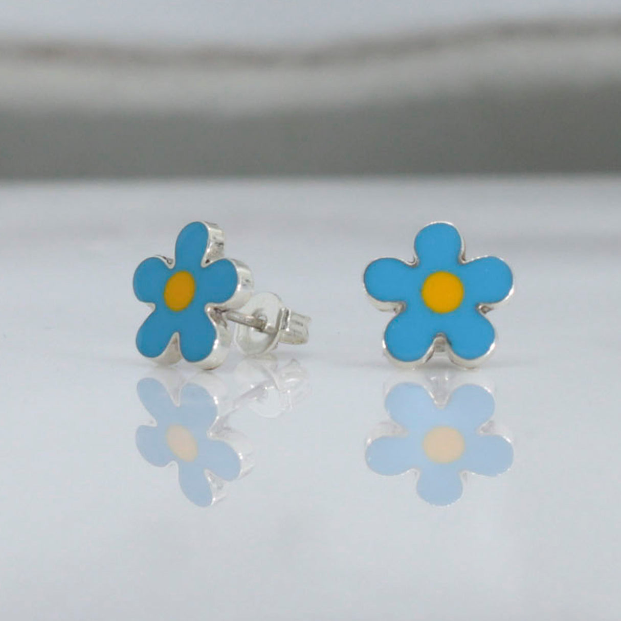 Memento Small Blue & Yellow Daisy Stud Silver Earrings