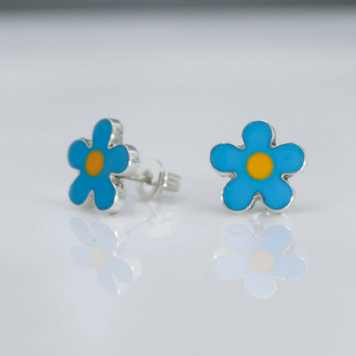 Memento Small Blue & Yellow Daisy Stud Silver Earrings