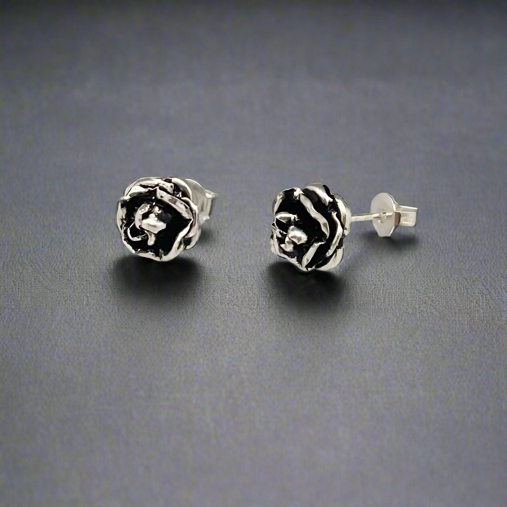 Moíneir - Small Oxidised Rose Silver Earrings - Stud