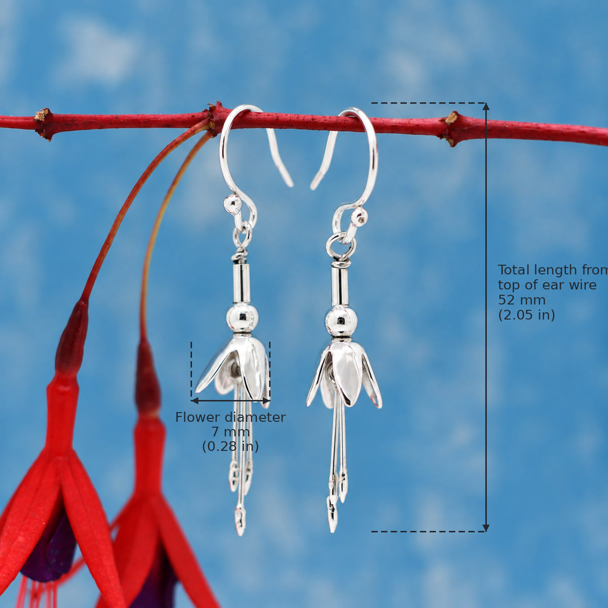 Móinéir Small Fuchsia Flower Silver Dangle Earrings