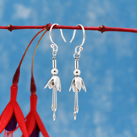 Móinéir Small Fuchsia Flower Silver Dangle Earrings