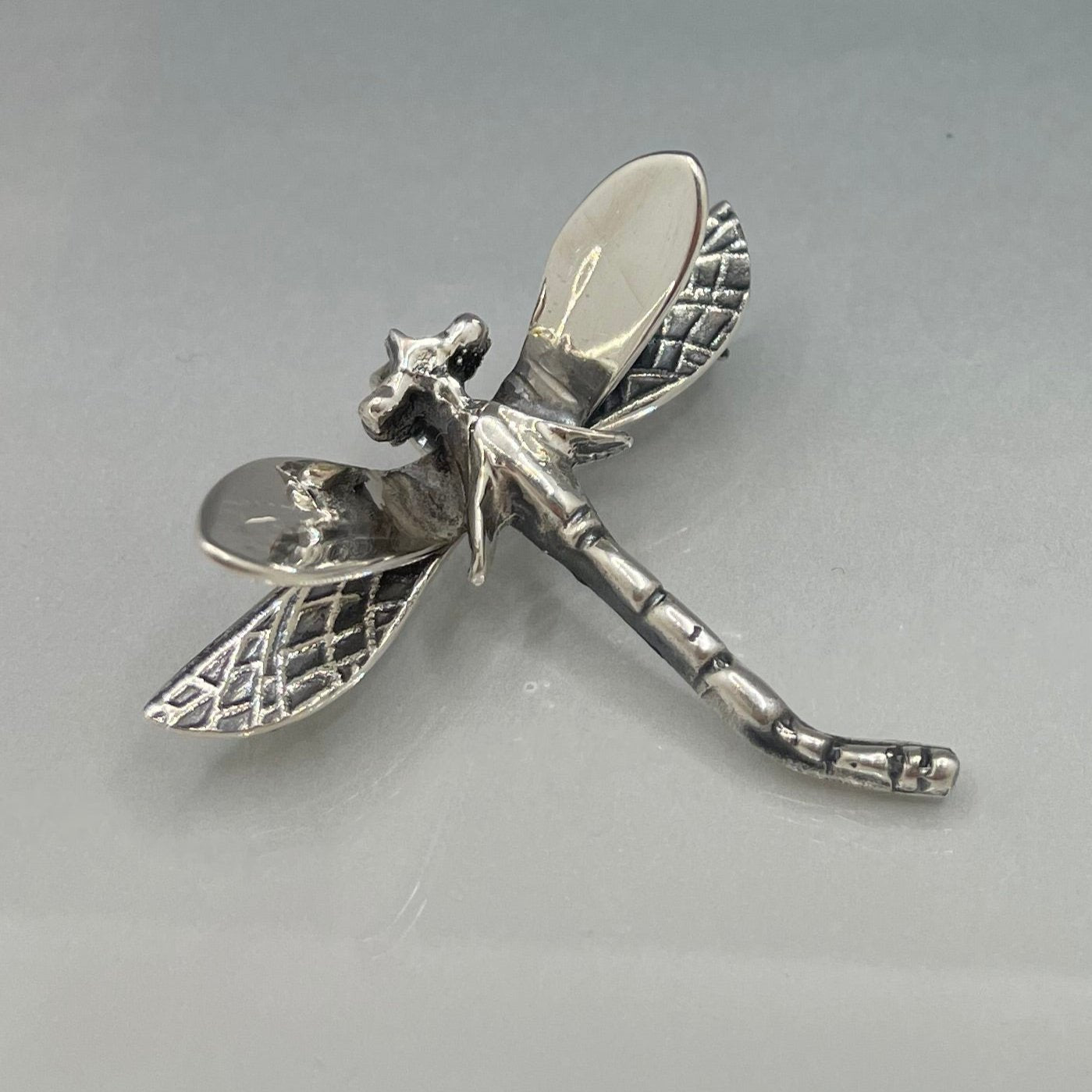 Moineir - Small Dragonfly Oxidised Silver Pendant and Pin
