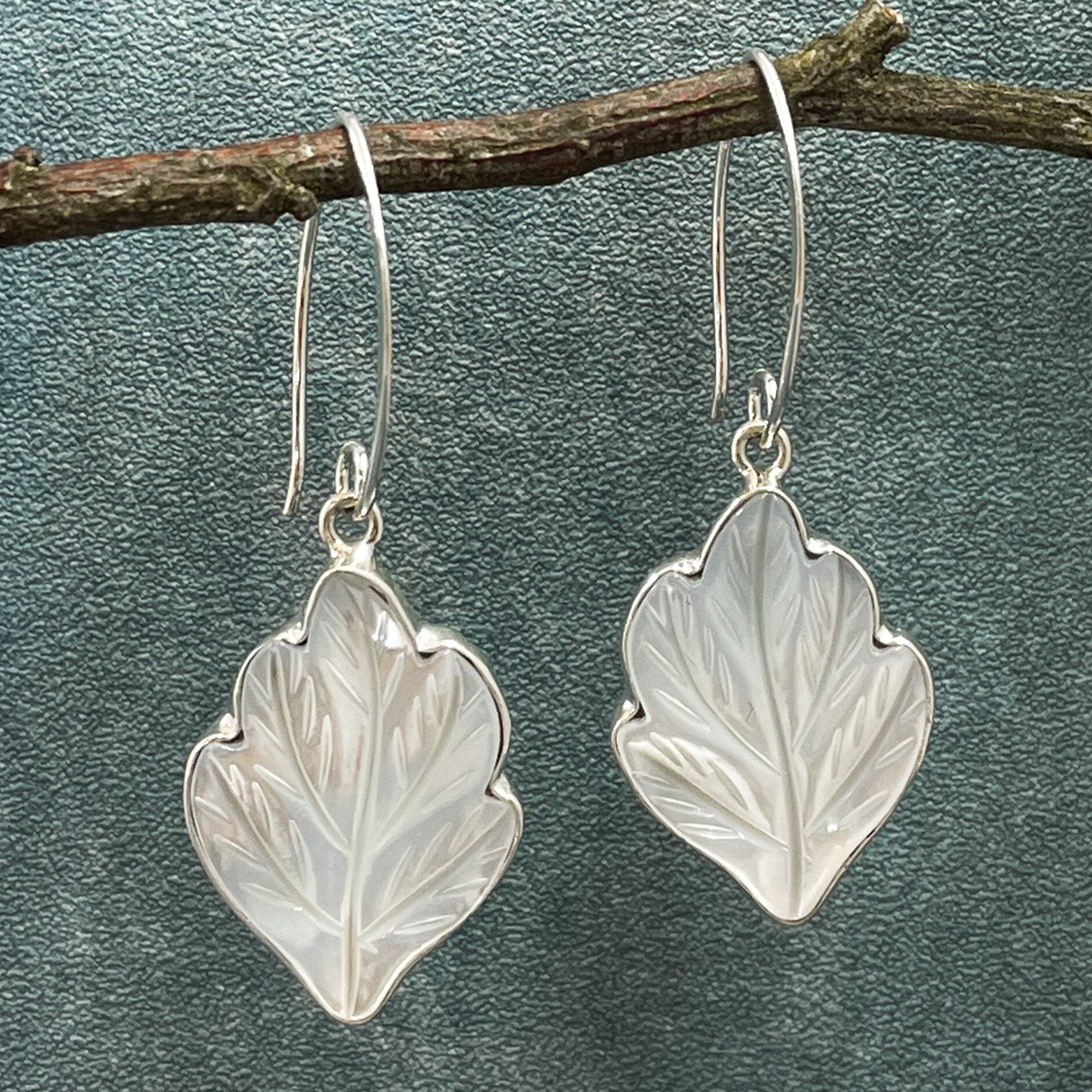 Pearla - Carved Mother of Pearl Leaf Silver Earrings - Dangle