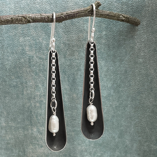Pearla - Half Pod Oxidised Silver with White Fresh Water Pearl Earrings - Dangle