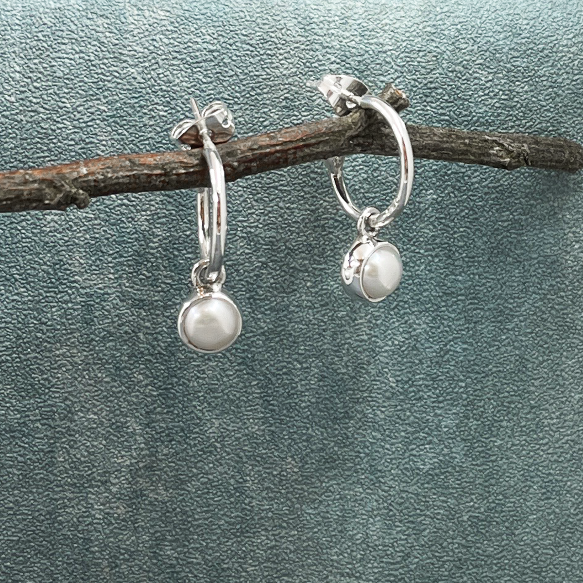 Pearla - White Mounted Pearl on Hoop Silver Earrings