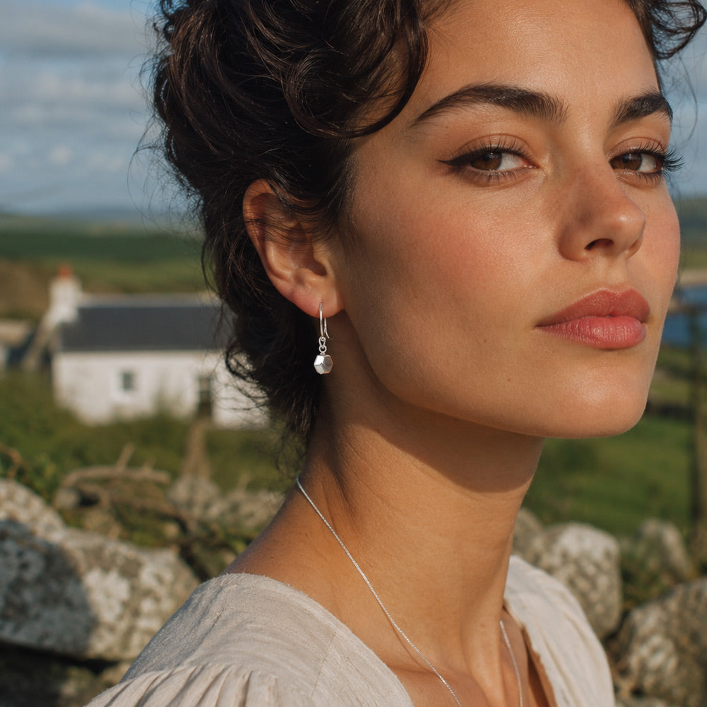 Piccoli Tiny Sculpted Hexagon Silver Dangle Earrings