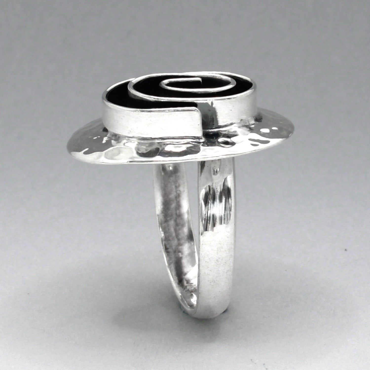 Tara Oxidised Spiral on Hammered Oval Silver Ring