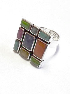 Sleveen - Square With Multi-Coloured Mosaic Resin Silver Ring