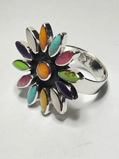Sleveen - Daisy With Multi-Coloured Mosaic Resin Silver Ring